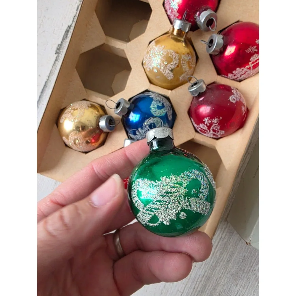 Vintage Rauch glitter stencil Mica glass ornament set box Xmas tree candy cane